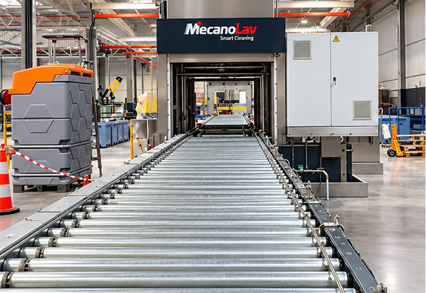 Macchina di pulizia MecanoLav in linea con trasportatore a rulli per il carico di componenti auto